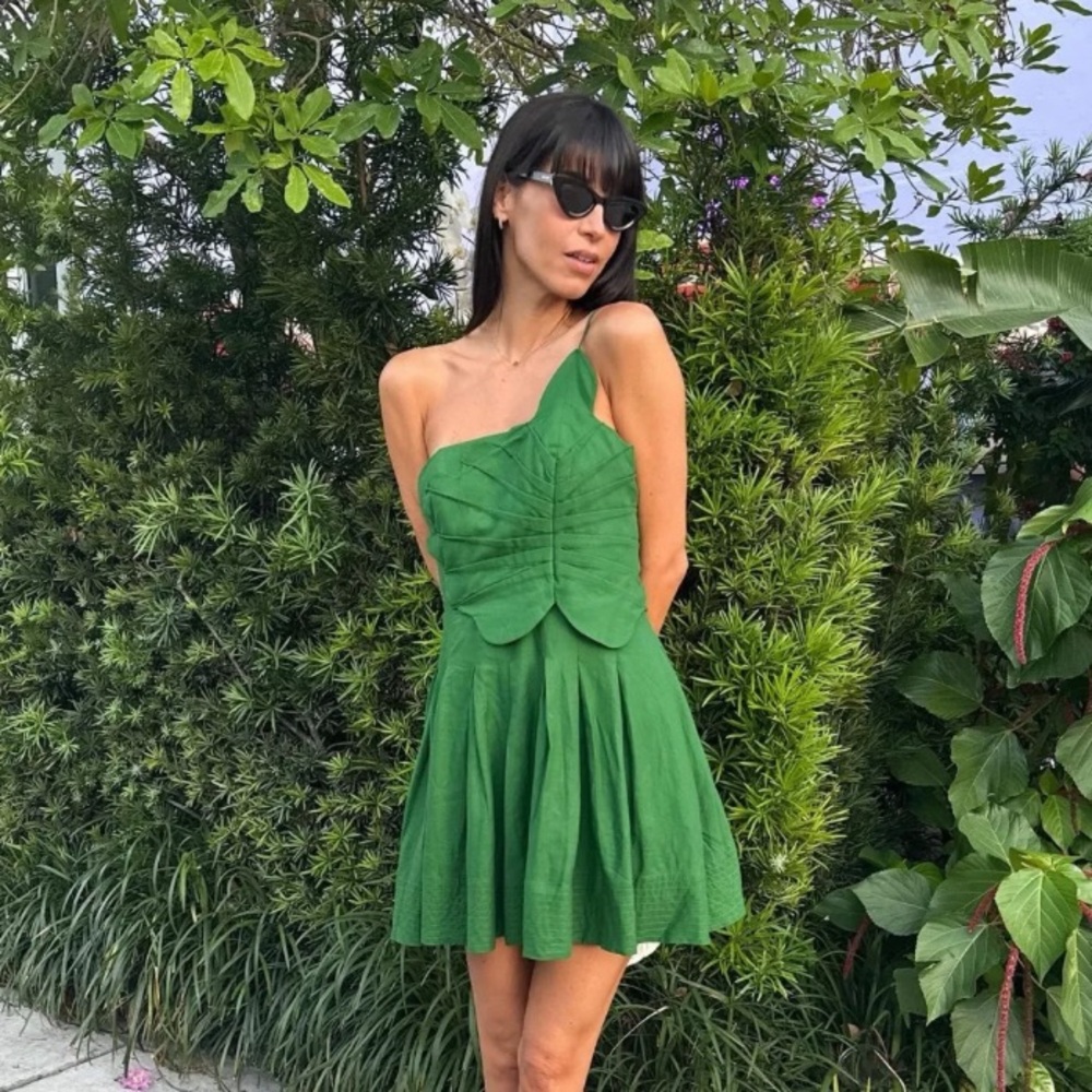 NWT Farm Rio Lea Linen Tropical Vacation Pleated One Shoulder Mini Dress Green - Picture 5 of 15